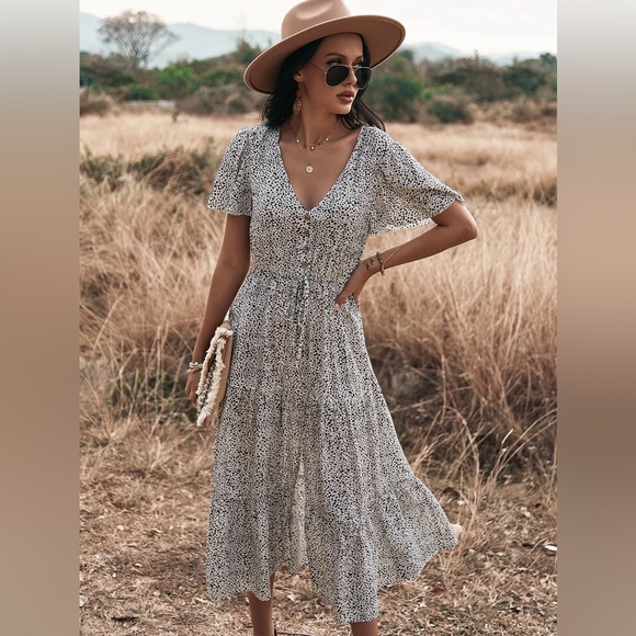 boho gypsy polka dot print button up tiered midi dress white black - Picture 1 of 3